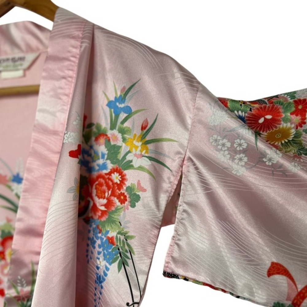 Vintage Pink Satin Floral Kimono Robe Made in Japan Coquette‎ XS S - Picture 7 of 14